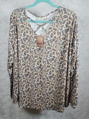Leopard Print V-Neck Long Sleeve Top - Taupe/Gray